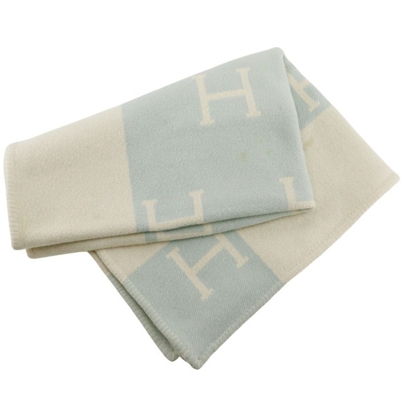 HERMES Baby Plaid Avalon Accessories Blanket Swaddling Cloth Cashmere x Wool Whi - Picture 1 of 8